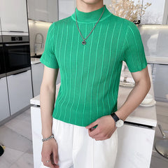 Threebooy Korean style Tees Men Summer Casual Knit T-shirts/Male slim fit stripe High neck knitting T-shirt 4XL