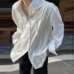 Threebooy New Men's Shirts Japanese Style Vintage Long Sleeve Blouse Casual Striped Pleats Solid Color Button-down Fashion Cardigan Tops