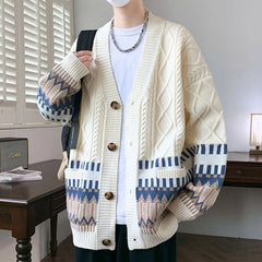 Threebooy Winter Christmas Jacquard Knitted Cardigans For Man Ethnic Style Button-up V-neck Sweaters Y2K Streetwear Cardigan Knitwear