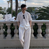 Threebooy Summer Men's Loose Ice Silk Suits Fashion Casual V-neck Short Sleeve T-shirt And Pants Drape Two-piece Sets Men Clothes
