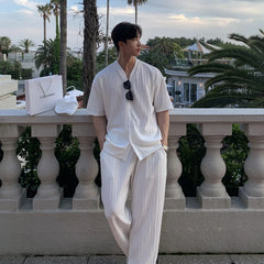 Threebooy Summer Men's Loose Ice Silk Suits Fashion Casual V-neck Short Sleeve T-shirt And Pants Drape Two-piece Sets Men Clothes