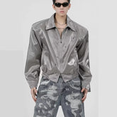 Threebooy HIP HOP 90s Streetwear Metal high street padded shoulder jacket men short style loose collar jacket