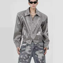Threebooy HIP HOP 90s Streetwear Metal high street padded shoulder jacket men short style loose collar jacket