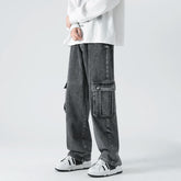 Threebooy Autumn New Men's Denim Wide-leg Pants American Baggy Cargo Jeans Ins Multi-pocket Vintage Streetwear Trousers Grey Blue