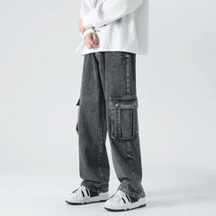 Threebooy Autumn New Men's Denim Wide-leg Pants American Baggy Cargo Jeans Ins Multi-pocket Vintage Streetwear Trousers Grey Blue