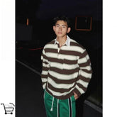 Threebooy Autumn American Retro Striped POLO Shirt Men's Trend High Street Vintage Top High-end Casual Loose Sweatshirt Preppy Lapel Shirt