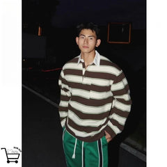 Threebooy Autumn American Retro Striped POLO Shirt Men's Trend High Street Vintage Top High-end Casual Loose Sweatshirt Preppy Lapel Shirt