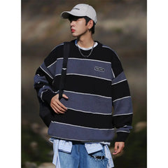 Threebooy Hip Hop Korean Stripe Contrast Color Autumn and Winter New Fashion Sweater Men's Loose Relaxed Student Round Neck Lazy Style