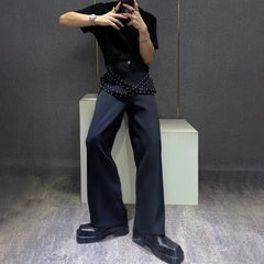 Threebooy Mens Trousers Rivet Ribbon Casual Pants Autumn Streetwear Fashion Personality All-Match Trend Straight Pants Men'S Clothing