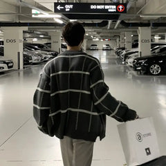 Threebooy Trendy Cardigan Men's Korean Version British Checkered Striped Sweater Men's V-neck Sweater Jacket