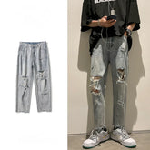 Threebooy Hole Jeans for Men Summer Fashion Thin Loose Pants Bottoms Handsome Vintage Casual Trousers Male Cloting Streetwear Plus Size