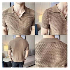 Threebooy New Trend Men Hollow Out Polo Shirt Light Luxury Popular Slim-fit V Neck T-shirt Leisure Short Sleeve Solid Color Retro Knitwear