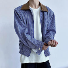 Threebooy Men's Leisure High Street Blue Plaid Jacket Streetwear Turn-down Collar Korean Harajuku Popular Clothes Long Sleeve Zipper Coats