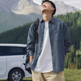 Threebooy Spring Autumn Fashion Washed Striped Denim Long Sleeve Shirt Men's Japanese Casual Cityboy Shirt Jacket Jacket Aesthetic Chic