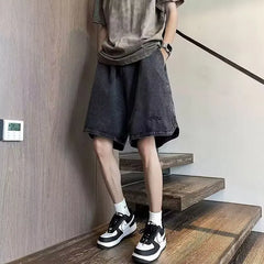 Threebooy Summer Men's Straight Drawstring Denim Shorts Elastic Waist Washed Loose Short Jeans Stretch Hip Hop Clothing Male Shorts