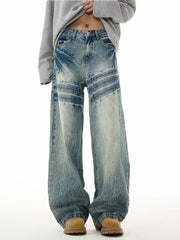 Threebooy Men's Fashion Design Baggy Jeans Vintage Blue Personality Youth Streetwear Wide Leg Pants Korean High Street Male Denim Trousers