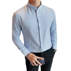 Threebooy New Naples Business Men Shirts Luxury Textured Stand Collar Striped Long Sleeve Cardigan Leisure Premium Commuter Blouse M-3XL