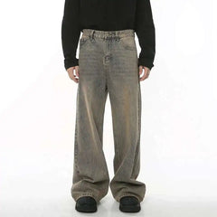Threebooy Spring Men's Baggy Jeans Worn Out Loose Wide Leg Denim Pants Chic Distressed Streetwear Vintage Male Trousers