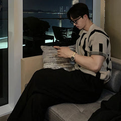 Threebooy Summer Men's Clothing Luxury O Neck Knitted T Shirt Retro Geometric Short-sleeved Korean Popular Knitwear Leisure Basic Shirt