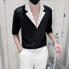 Threebooy New Handsome Thin Fashion Casual High-end Sense Five-point Sleeve Shirt Trendy Versatile Personalized Men's Shirt