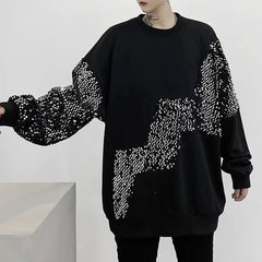 Threebooy Mens Sweatshirt Dark Gothic Style Sequin Top Streetwear Fashion Campus Performance Splicing Long-Sleeve Top Men'S Clothing