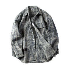 Threebooy Japanese Retro Shirt Washing Old Plaid Work Clothes Denim Shirt Men Women Trendy Loose Casual Long-sleeved Top Urban Chic Blouse