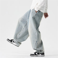 Threebooy Large Size Summer Jeans Men Streetwear Harajuku Washed Casual Denim Pants Oversized Vintage Japan Style Baggy Wide-leg Trousers
