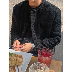 Threebooy Men's Casual Luxury Jacket High Street Button Down O Neck Long Sleeve Solid Color Retro Texture Coat Autumn Korean New