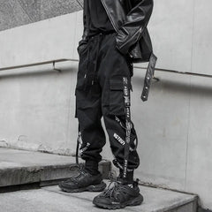 Threebooy Techwear Cargo Pants Men Joggers Black Cargo Trousers for Men Jogging Japanese Streetwear Hip Hop Hippie Gothic Ribbon