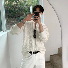 Threebooy Diamond Graphics Textured Twist Zipper Men Cardigan Light Luxury Lapel Long Sleeve Sweater Coats Premium Quality Knitted Jackets