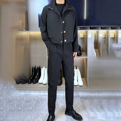 Threebooy Mens Jacket Trousers Sets Retro Brass Button Slim Jacket Streetwear Fashion Casual British Elegant Two-Piece Sets Men'S Clothing