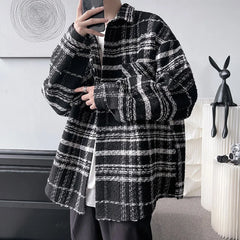 Threebooy Autumn Plaid Woolen Coat Men Fashion Retro Casual Oversized Woolen Jacket Men Korean Loose Woolen Shirt Mens Overcoat M-2XL