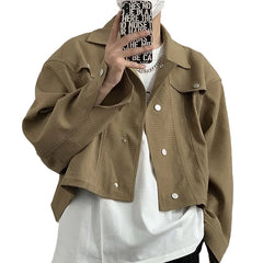 Threebooy Spring Clothing Men's Leisure Short Jacket Streetwear Solid Color Button-down Collar Korean Harajuku Long Sleeve Luxury Coats