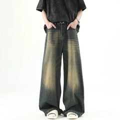 Threebooy Men Denim Pants Old Blue Washed Male Jeans Straight Casual Menwear Loose Wide Leg Trousers New Fashion Korean High Street Denim