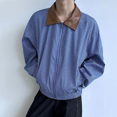 Threebooy Men's Leisure High Street Blue Plaid Jacket Streetwear Turn-down Collar Korean Harajuku Popular Clothes Long Sleeve Zipper Coats