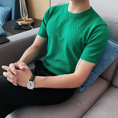 Threebooy New Style Men's Summer High Quality Short Sleeve knitted T-shirt/Male Slim Fit Plaid Leisure T-Shirts Tops Plus size S-4XL