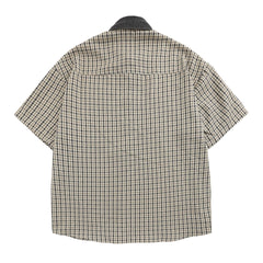 Threebooy Summer Japanese Retro Patchwork Denim Collar Plaid Short Sleeved Embroidery Shirt for Men and Women Loose Design and Trendy Top