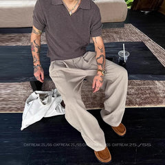 Threebooy New Retro Fashion Men Suit Pants Light Luxury Draped Baggy Belt Button-down Solid Color Straight Trousers Elegant Dress Pants