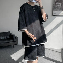 Threebooy T-shirt set men Men Printed Loose Fit Round Neck T-Shirt Elastic Waist Shorts Set Summer Casual Comfortable Beachwear Streetwear