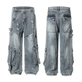 Threebooy Distressed Hole Washed Blue Baggy Jeans for Men and Women Streetwear Vintage Loose Denim Trousers Oversized Ripped Cargo Pants