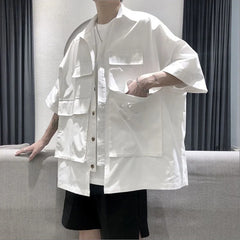 Threebooy Mens Big Pocket Workwear Short-Sleeve Shirt Streetwear Fashion Youth Trendy Solid Color Versatile Tops Men'S Clothing Spring New