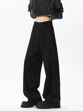 Threebooy Neapolitan Black Knife Casual Pants Men's Slanted Belt Drapey High-End Feel Wide Leg Straight Cut Everyday Trousers
