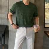 Threebooy New Fashion Korean Style Men T-shirt Light Luxury Jacquard Knitted O Neck Tees Casual Solid Color Short Sleeve Breathable Tops