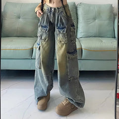 Threebooy Design sense high street American retro work pants men's autumn new style wide leg jeans loose pants