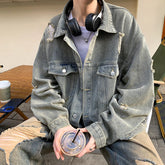 Threebooy Denim Jackets Hip-hop Men's Streetwear Ripped Hole Jean Men Jackets Outerwear Denim Coats Turndown Collar Oversized Jacket