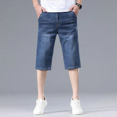 Threebooy New Summer Men's Thin Straight Denim Shorts Soft and Comfortable Ice Silk Feel Loose Pants Large size Light Blue Dark Blue