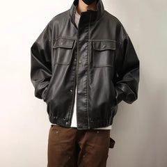 Threebooy Mens Leather Ins Trendy Brand American Windproof Motorcycle Leather Jacket Winter Casual Outdoor Versatile Jacket y2k Clothes