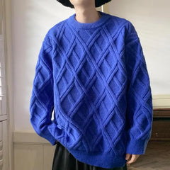 Threebooy Retro Diamond Plaid Sweater Men's Winter Japanese Loose Lazy Style Sweater Round Neck Inner Base Shirt