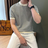 Threebooy New Trend Men Striped T-shirt Light Luxury Popular Slim-fit O Neck Tees Leisure Premium Tops Korean Style Short Sleeve Knitwear