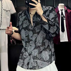 Threebooy Mens Shirt Maple Leaf Printed Sophisticated Casual Shirt Summer Fashion Modern Youth Dark Style Loose Thin Long Sleeve Top